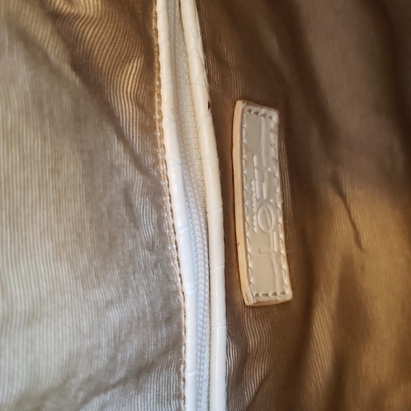 LOFT Woven and Off White Croc Embossed Shoulder Bag, with "Bamboo" Handle. - Picture 9 of 12